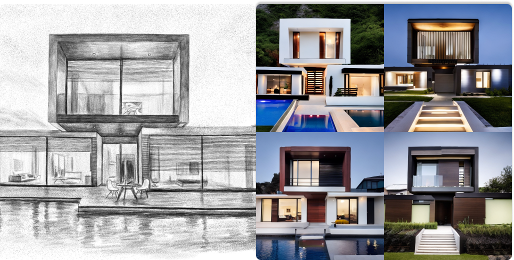 Sketch of a modern house turn into 4 realistic options with ControlNet