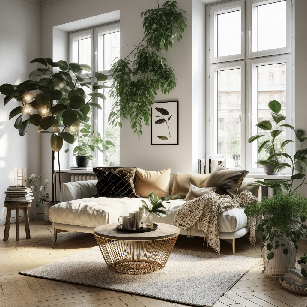 Nordic modern living room, interior design, with plants