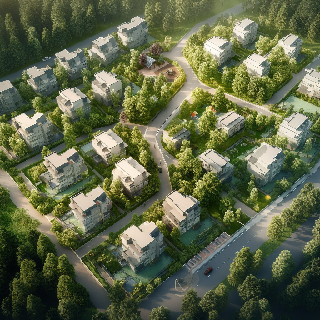 Isometric aerial view of a residential multi-family village full of trees and parks, realistic photography, drone photography