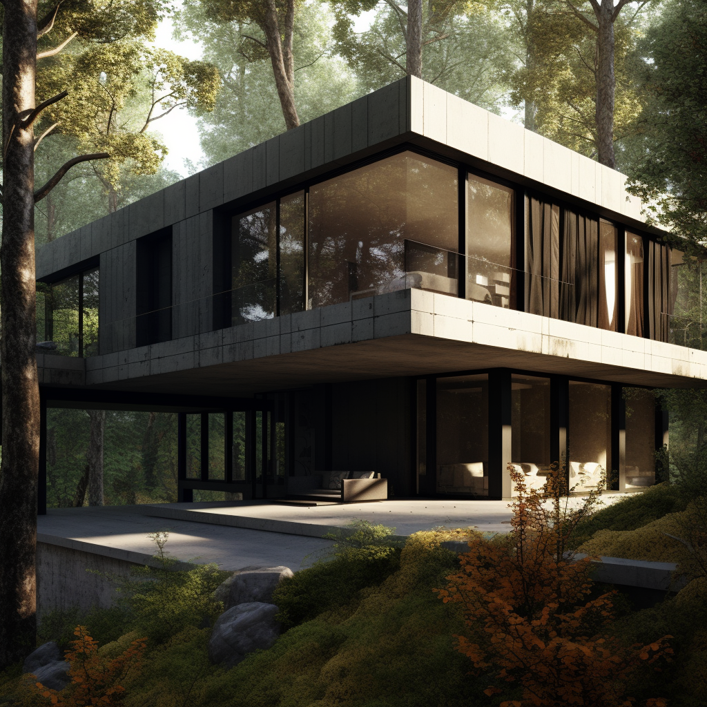 contemporary style architecture, volumetric and minimal, panoramic windows, concrete and dark metal, trees and nature, daylight