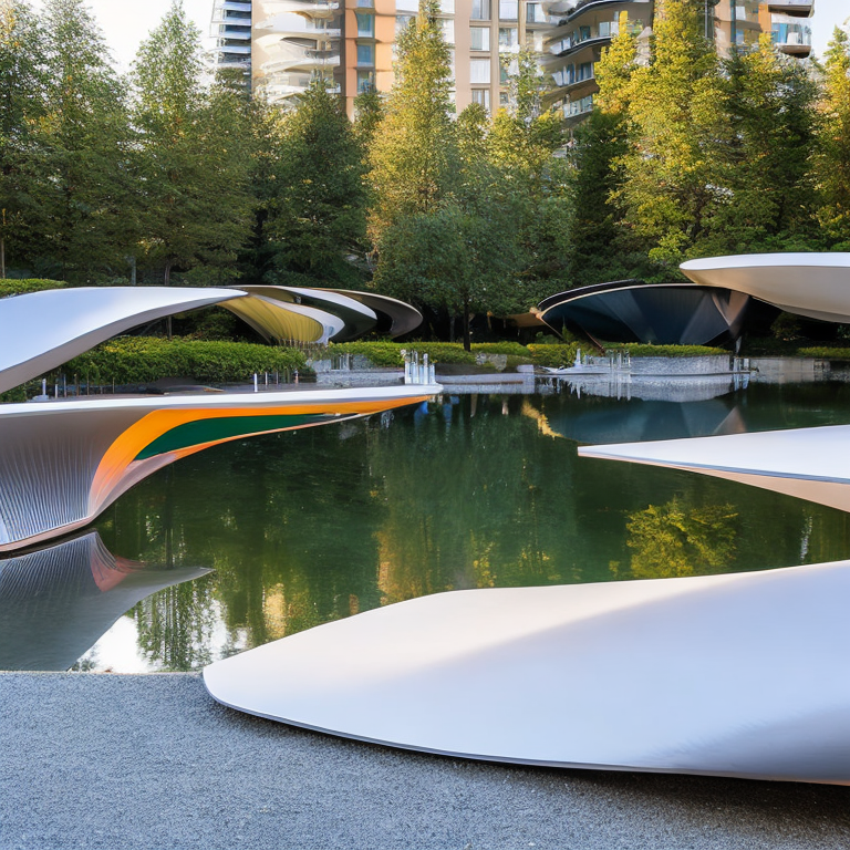 architecture magazine photo of a public park, futuristic style, inspired by zaha hadid, steel and glass